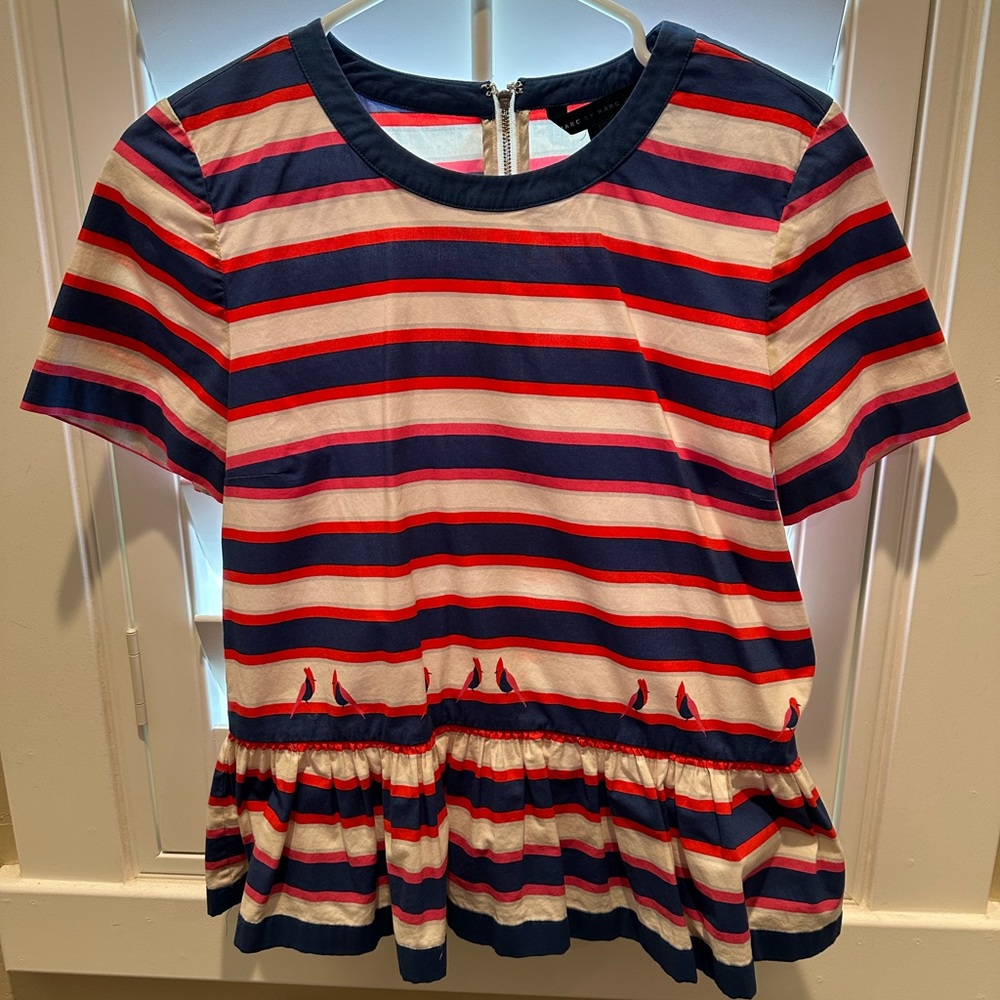 Marc By Marc Jacobs Top - Peplum Striped Bird Print Blue Red Pink Womens Top